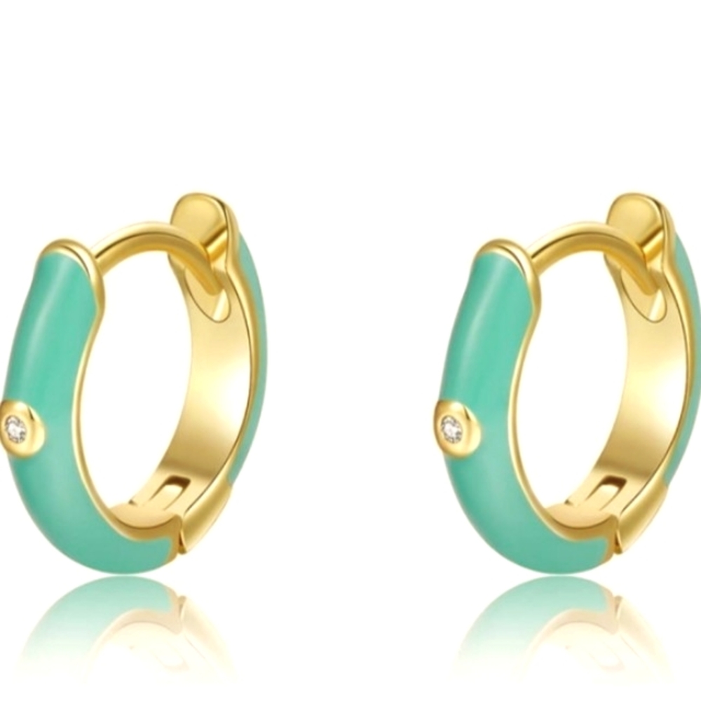 Little Mint Green Gold Hinged Hoops Enamel Hoop Earrings Rhinestone Crystal New